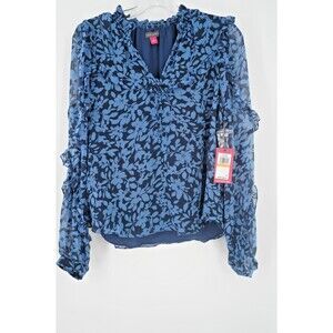 VINCE CAMUTO Size S Blue Ruffled V-Neck Smocked Cuffs Floral Print Blouse NWT$89